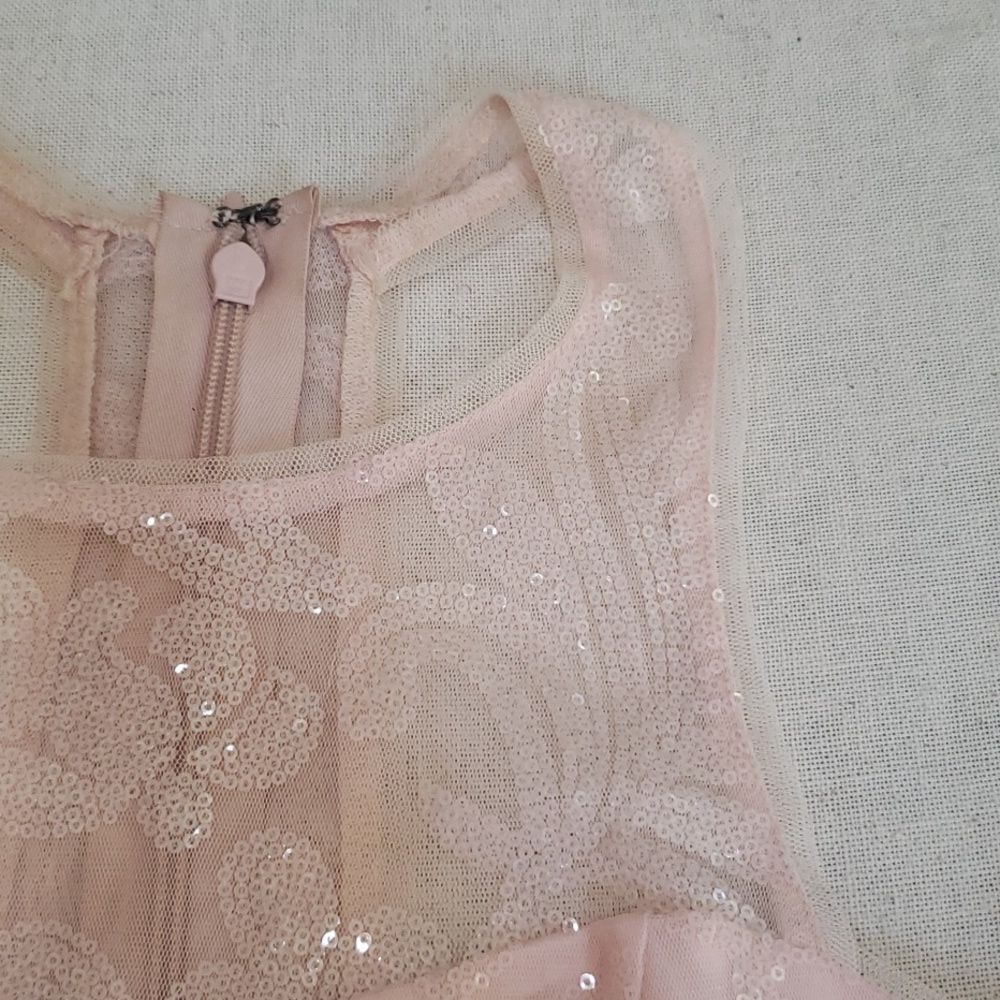 Maxi Dress Blush Pink 6 Sequins on Sheer Illusion A line Elegant Formal Gown - Picture 6 of 7